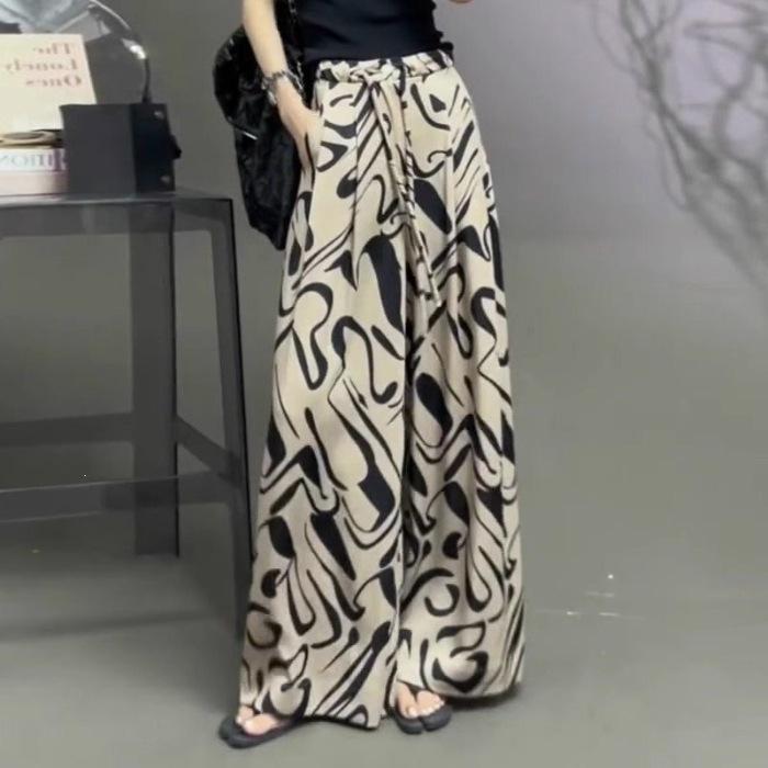 Women s Trendy Loose Floral Wide-Leg Cropped Drawstring Skirt Pants for Summer L [101-120 jin]