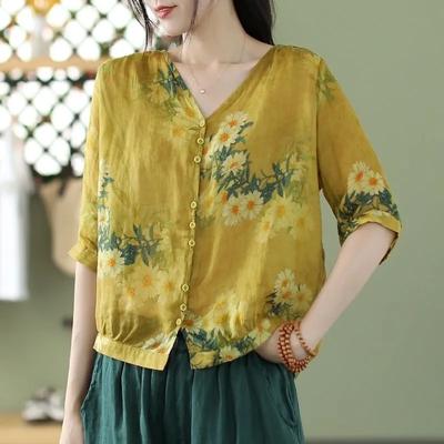 Maglietta a mezza manica con scollo a V vintage da donna, casual, ampia, in cotone e lino, sottile