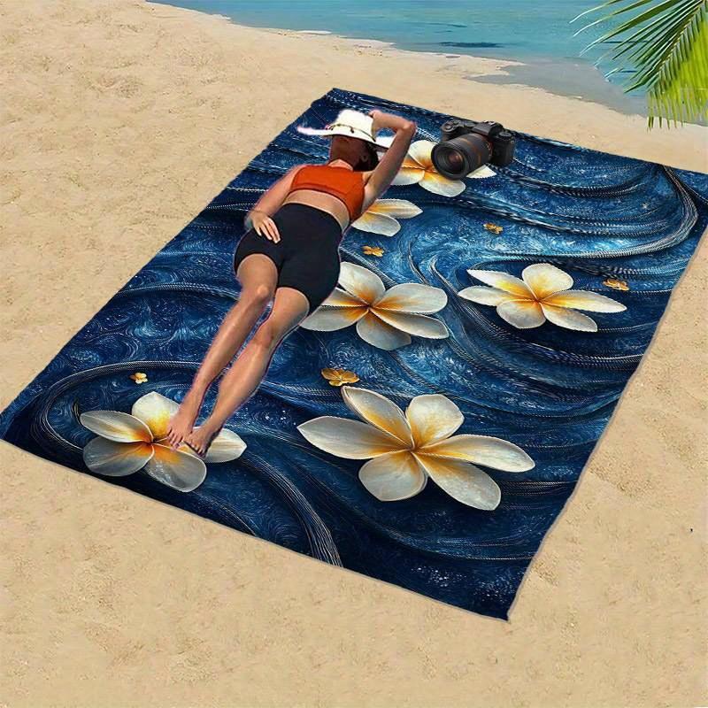 1pc Quick-Dry Microfiber Beach Towel - Super Soft, Large Blue Waves & White Flowers Design,Multi-Use for Swim,Contemporary Style