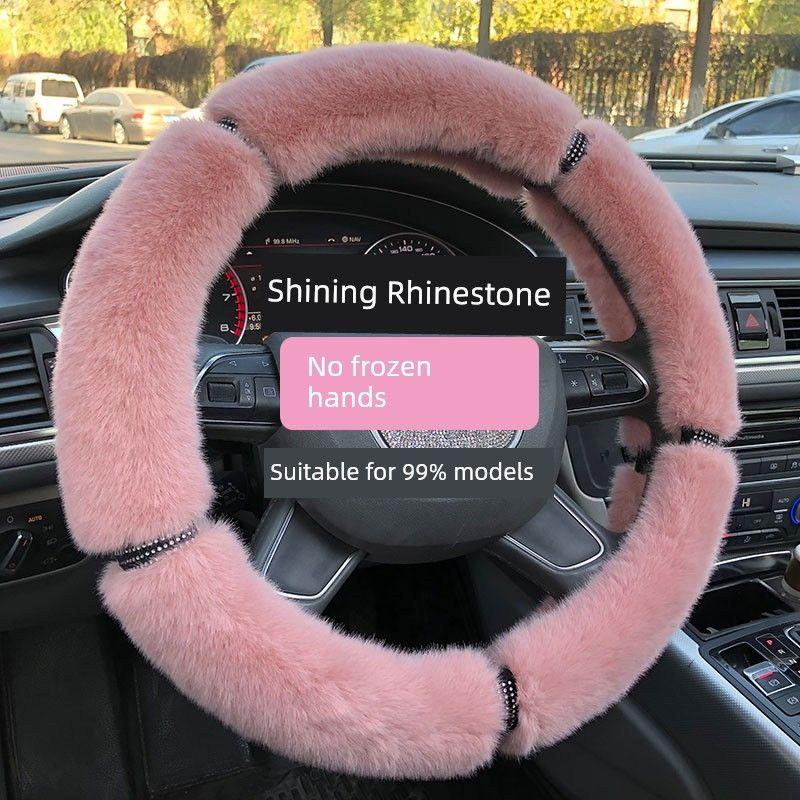 Car Steering Wheel Cover Winter Plush Female Korean Cute Universal Fashion Pink Gray Black Diamond-Studded Handlebar Cover
