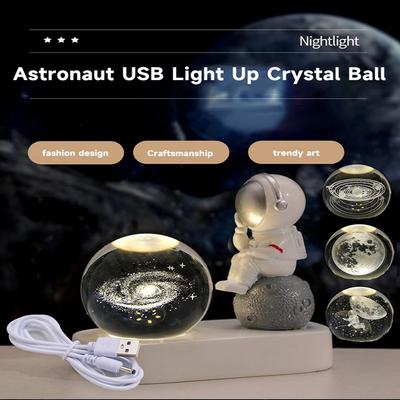 Creative Astronaut Starry Walk Small Night Lamp Inner Carved Crystal Ball Luminous Base Decoration Holiday Commemorative Gift