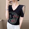 New European V-Neck Women Bling Flower Butterfly T-Shirt Streetwear Hot Diamonds Tees Summer Short Sleeve Slim Tops