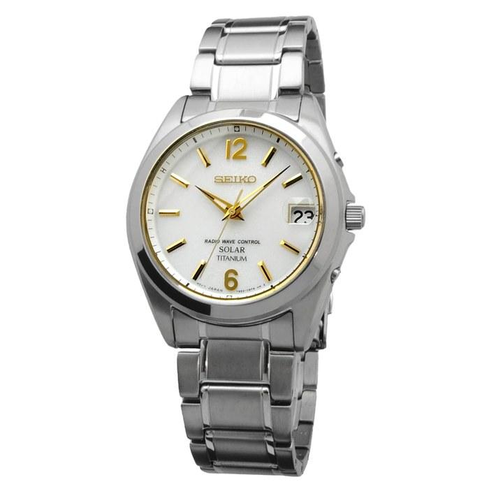 Seiko Selection SBTM227 Men's Watch, Solar Radio Sync, Date Calendar, White & Gold Dial, Pure Titanium, Silver/White