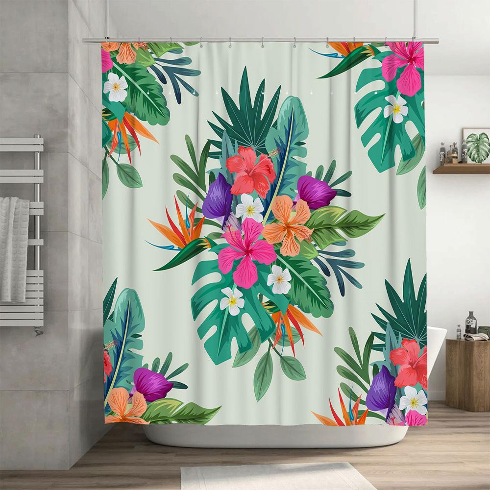 Colorful Floral Shower Curtain Modern Bathroom Decor Green Palm Leaves Pink Flowers Size: 72X72 (6 Pack Rings Included)