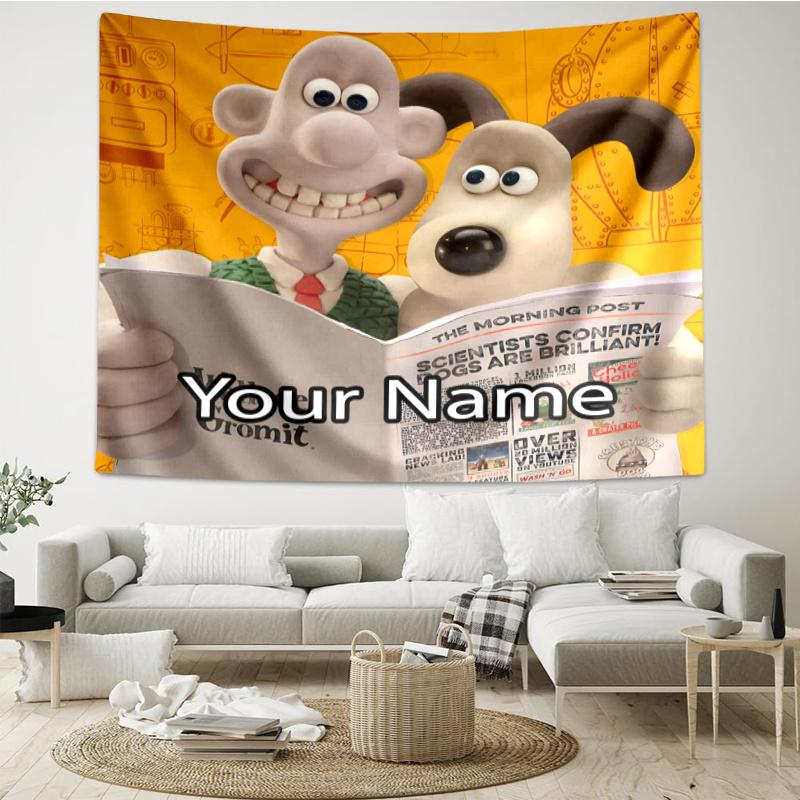 Custom Name Wallace & Gromit Print Tapestry, Backdrop, Easy Setup, Ideal for Bedroom, Office & Living Room, with Aesthetic Wall Hanging Decor.