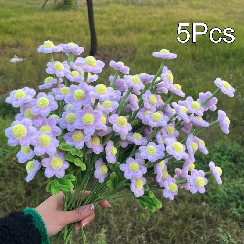 5Pcs Pipe Cleaner Handmade Daisy Flower Home Decor Finished Artificial Chenille Stems Daisy Bouquet