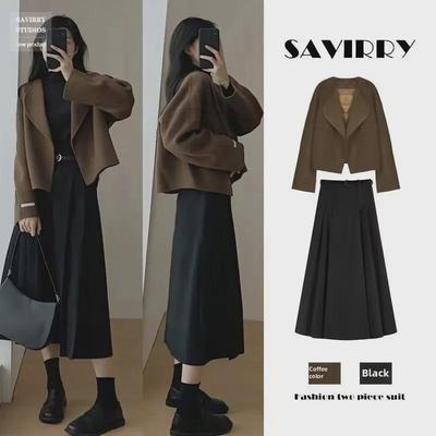 Women's 2024 Autumn French Style Long-Sleeve Short Coat & Midi Slim Skirt Suit