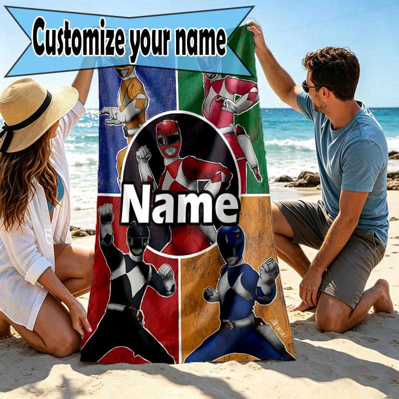 Custom Name Personalized Mighty Morphin Power Rangers Print Beach Towel, for Trip Camping Beach Party Home Decor, Birthday Gift for Family & Friends