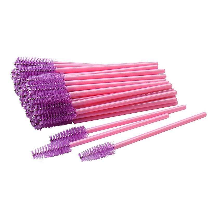 50-Pack Disposable Eyelash Brushes - Portable Pink-Handled Makeup Tool for Eyebrow and Eyelash Application.