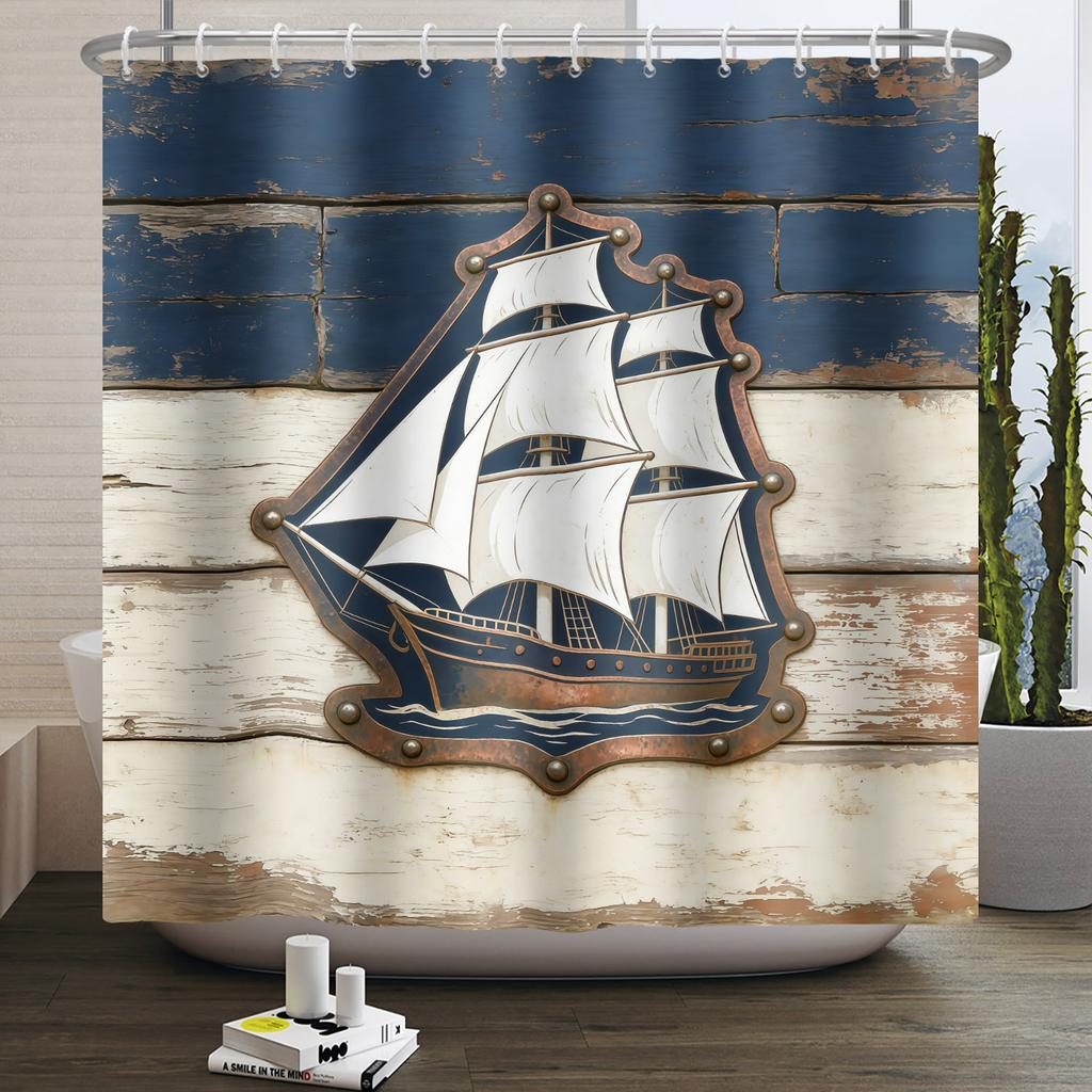 Nautical Theme Shower Curtain With Hooks Sailboat Anchor Seashells Starfish Waves Watercolour Art Modern Bathroom Curtain Decor