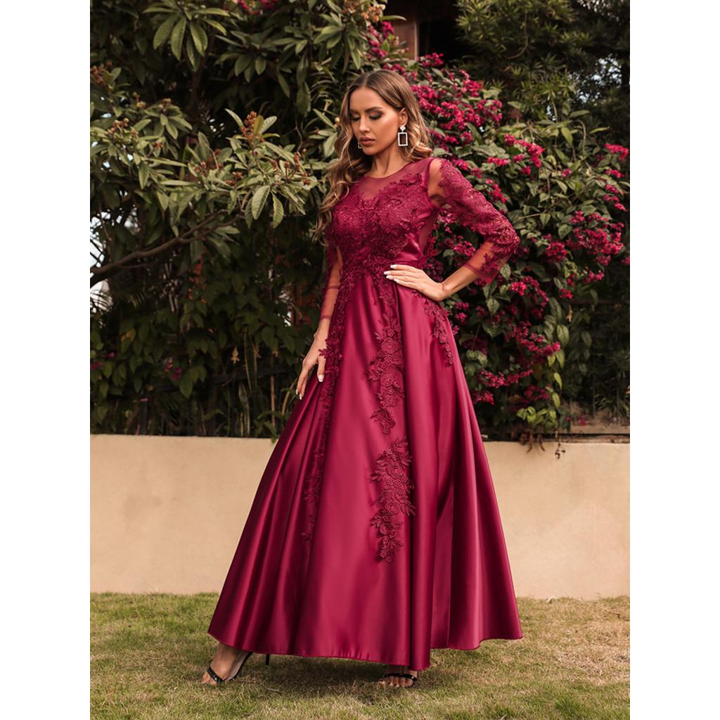 Robe longue élégante à col rond en dentelle plissée à manches longues pour femmes, pour mariée, demoiselles d'honneur, mariage, magnifique robe de soirée, maxi, robes de bal