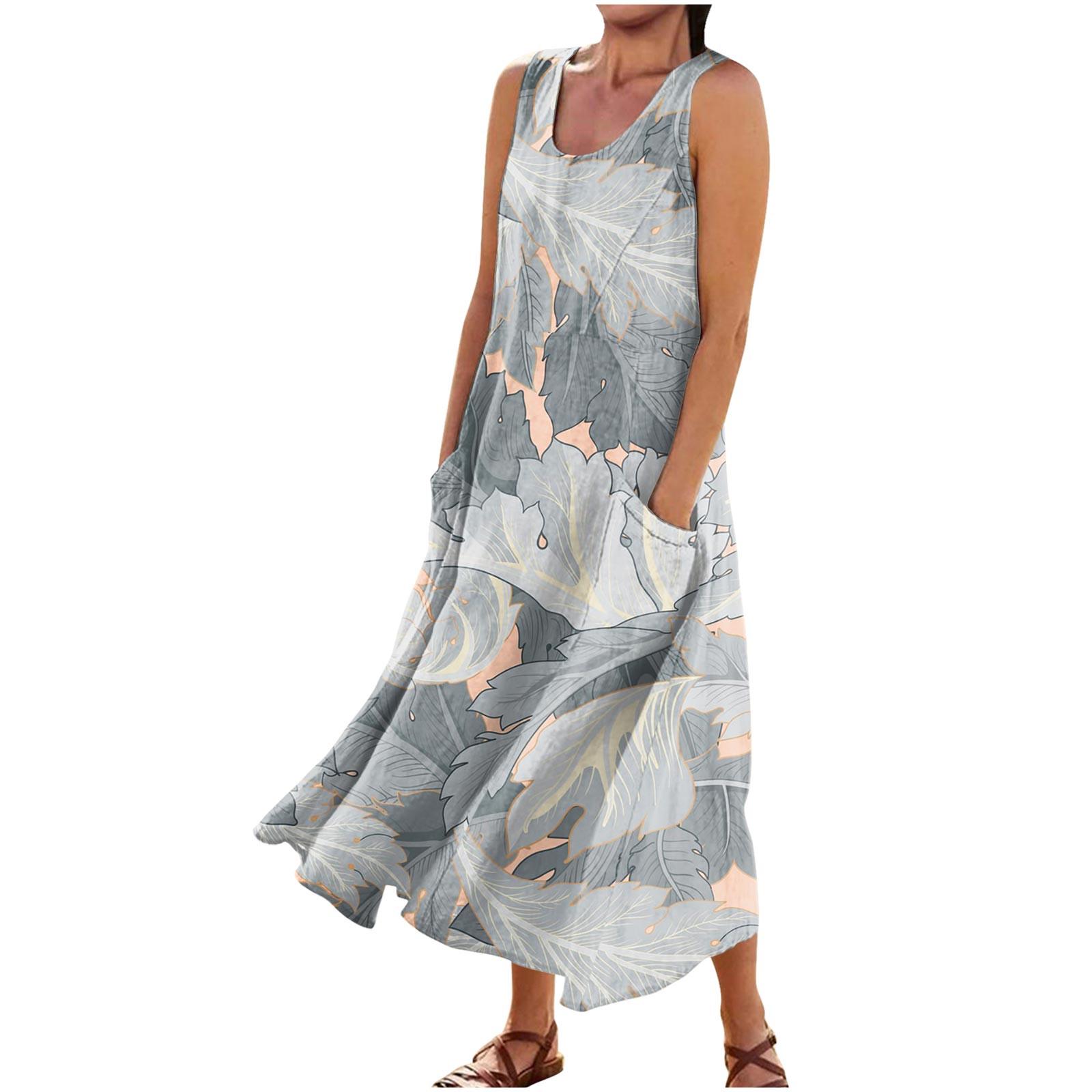 

Женское летнее повседневное модное платье без рукавов с круглым вырезом и карманом в стиле ретро XL серый