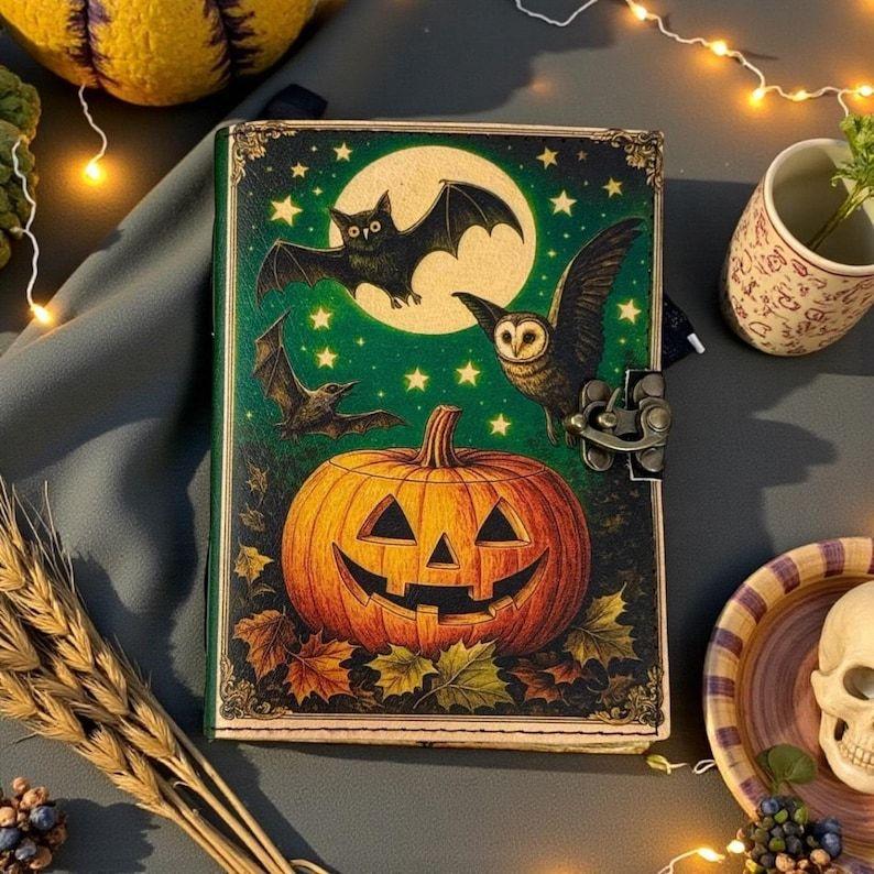 Pumpkin Leather Journal, Vintage -Lantern Spellbook, Witchcraft Grimoire with Bats & Moon, Handmade Deckle Diary