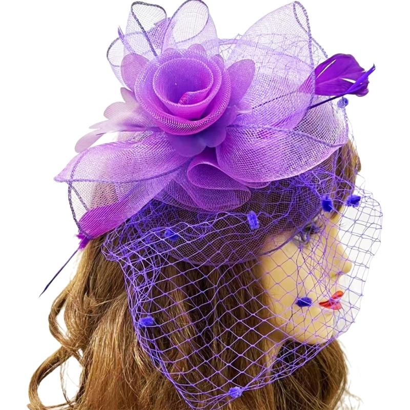 Вечерняя шляпка-фасинатор для вечеринки, свадьбы, женская, с перьями, цветами, шляпка-флэппер, фасинатор, заколка для волос, большая шляпка с цветком, церковная шляпка светло-фиолетовый
