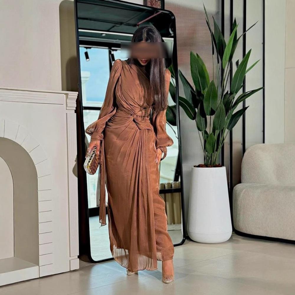 2025 Autumn and Winter Women's Clothing Pleated Streamer Shiny Evening Dress