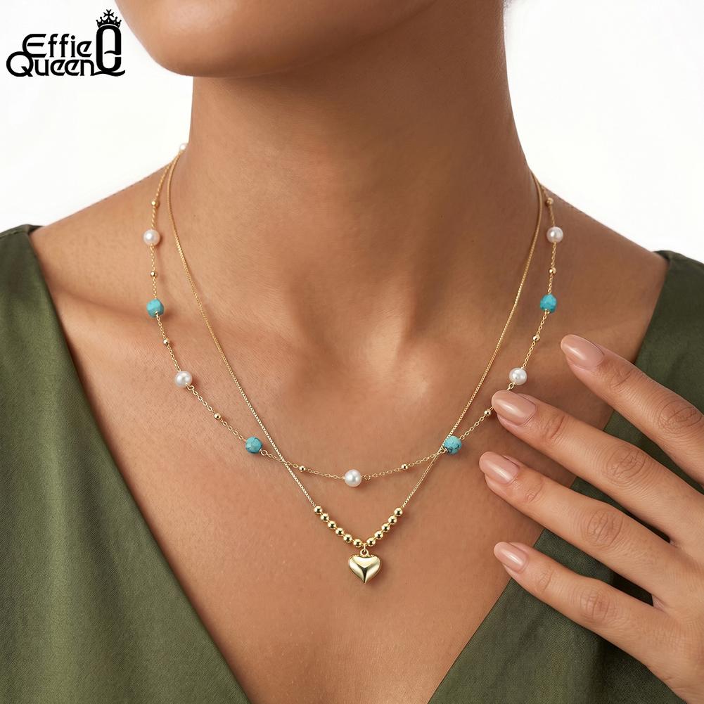 EFFIE QUEEN 925 Sterling Silver Simple Turquoise Choker Necklace with Natural Pearl Bead Chain Jewelry Gift Accessories MPN12