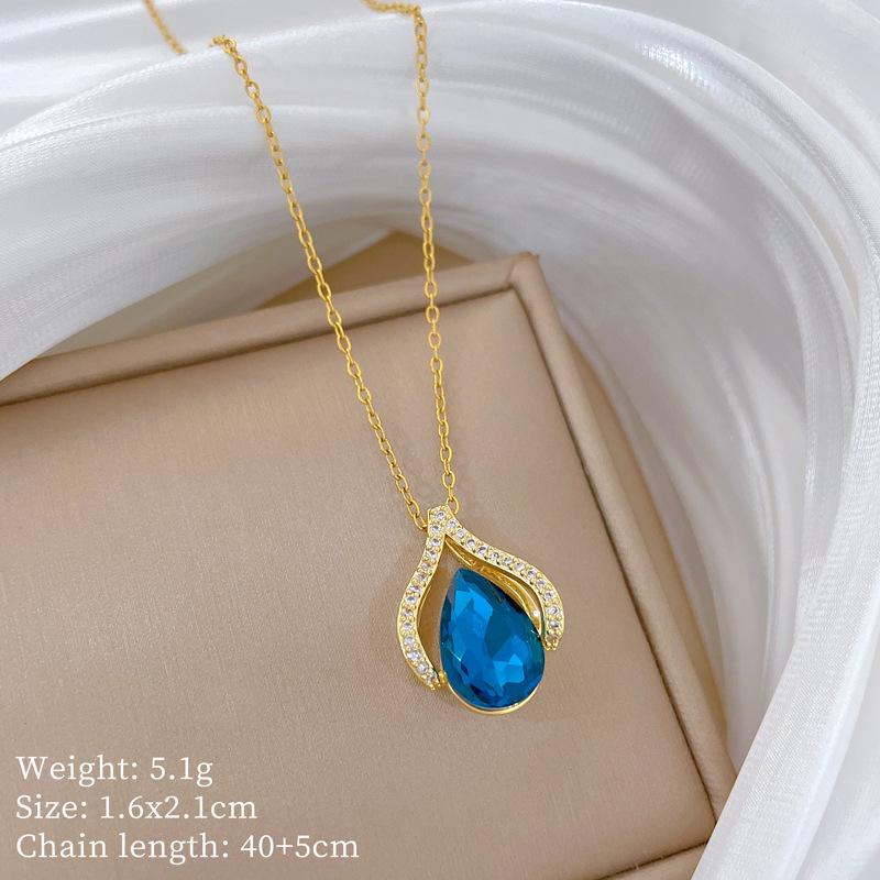 Blauer Wassertropfen Persönlichkeit Leichter Luxus Temperament Wunderschöne Voll Diamant Halskette Damen Vielseitige Schlüsselbeinkette Titanstahlkette
