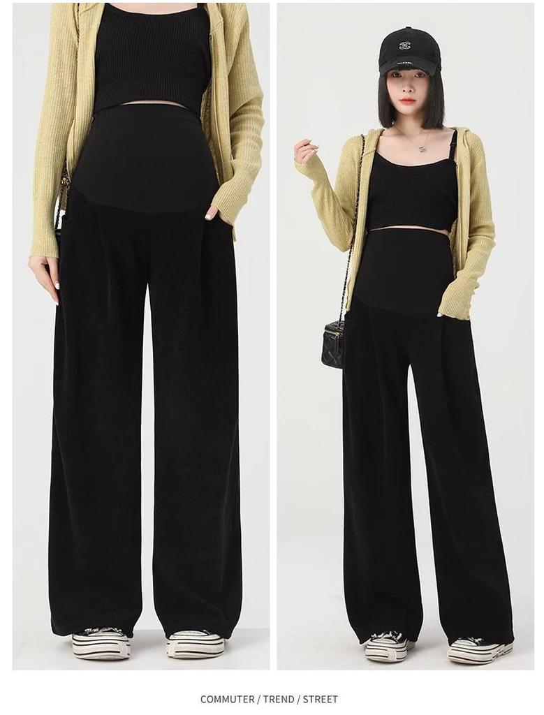 Plus Size Maternity Wide Leg Pants - Spring & Winter Velvet Casual Straight Leg Trousers