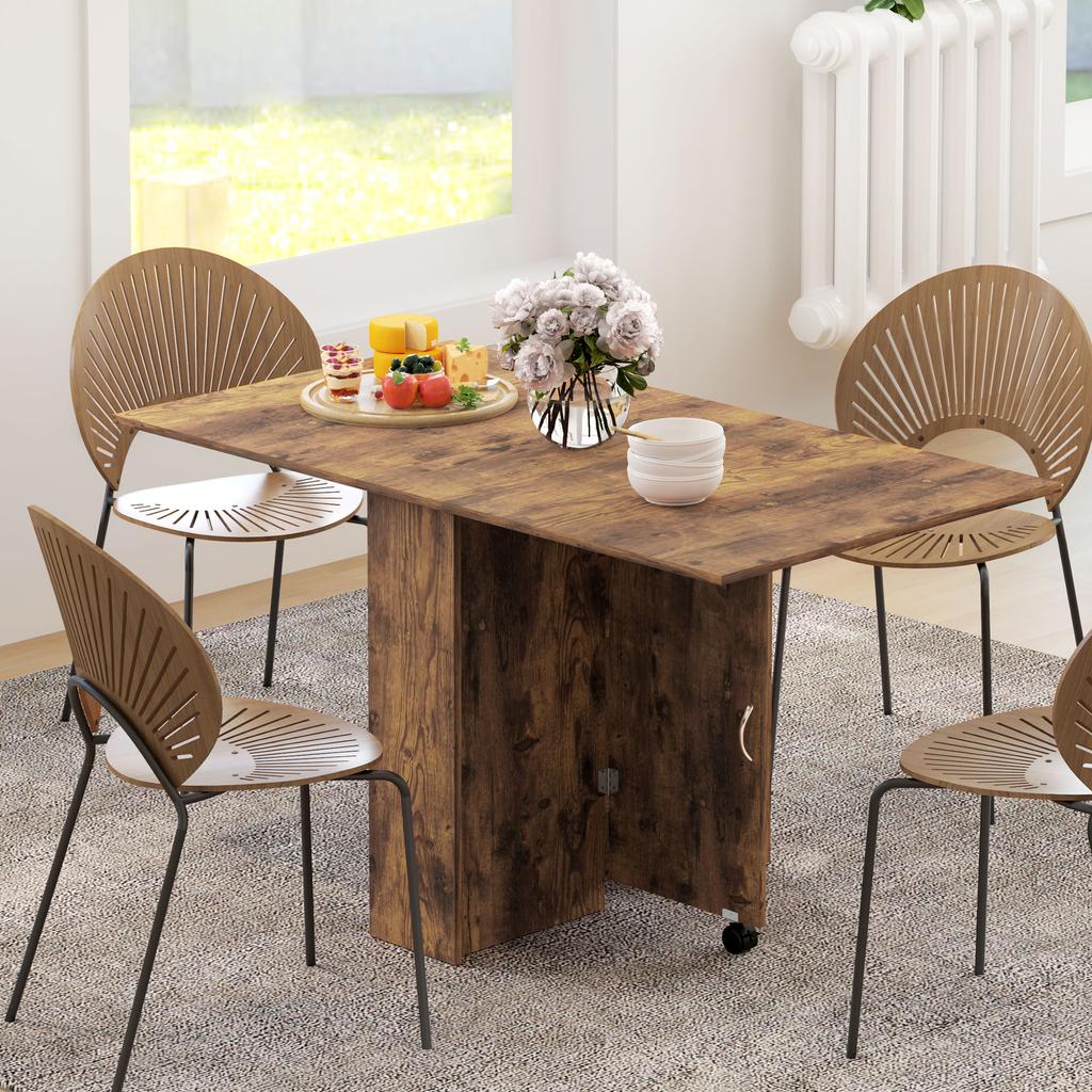 Folding Dining Table on Wheels, 2 Drop Leaves, 2 Shelves, 140 x 80 x 74 cm, Rustic Brown