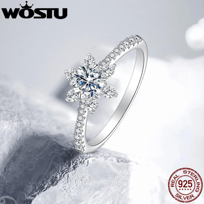 WOSTU 0.5 CT Flower Moissanite Engagement Rings for Women , 925 Silver Snowflower Diamount Cut Band Rings Wedding Gift