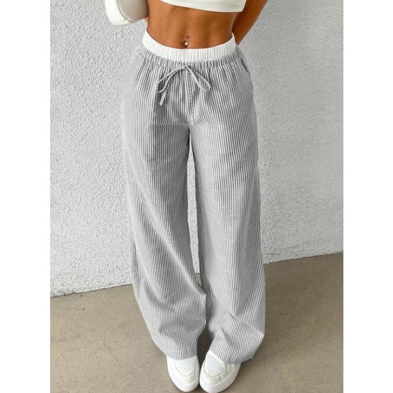 

Fashion Women s Stripe Loose Wide Leg Pants Spring Autumn Drawstring Long Pants Elegant Casual Basic Trousers Street Simple Patchwork Pants 2XL сірий колір