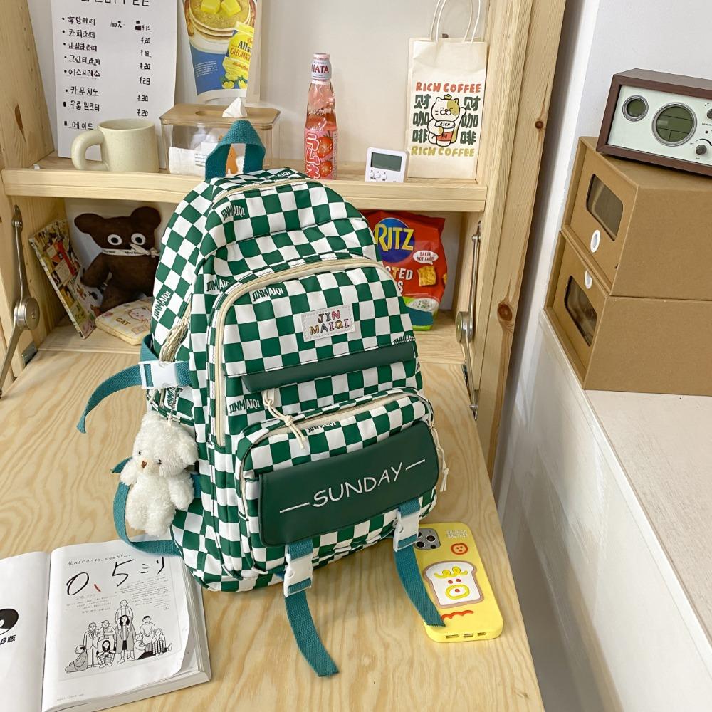 Girls Backpack Korean Version Checkerboard Color Matching Light Leisure Backpack Campus Large Capacity Junior High School Student Schoolbag