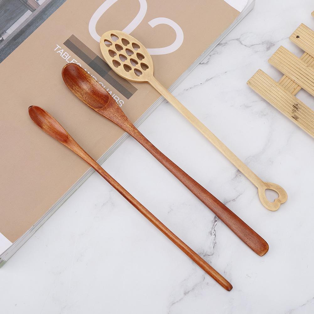 3Pcs Home Long Handle Wood Stirring Spoon Mixing Slotted Spoon for Coffee Milk Honey Use