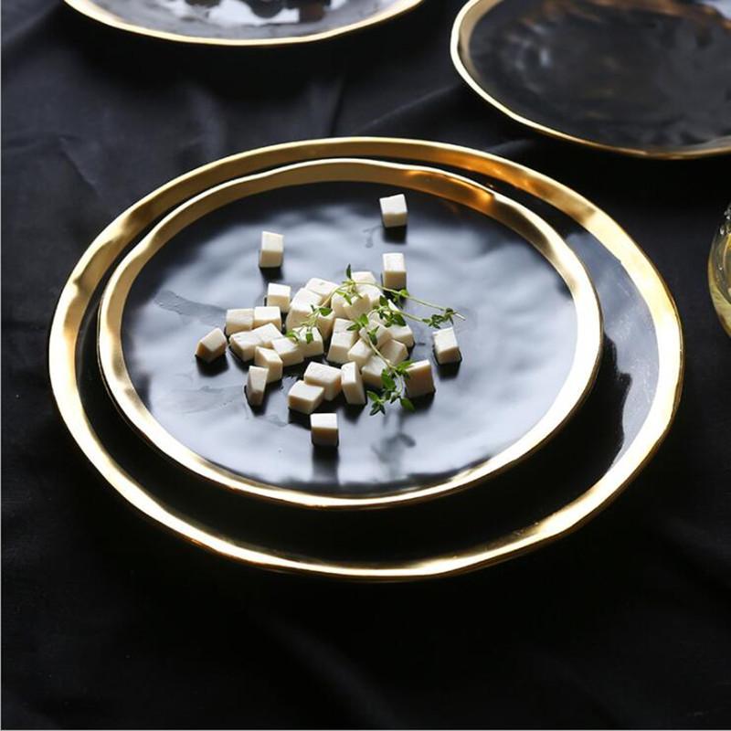 European Style Gold Side Black Plate Retro  Matte Steak Dish Dessert Tray Kitchen Dinner Plates Ceramic Dishes Bowls 1pcs