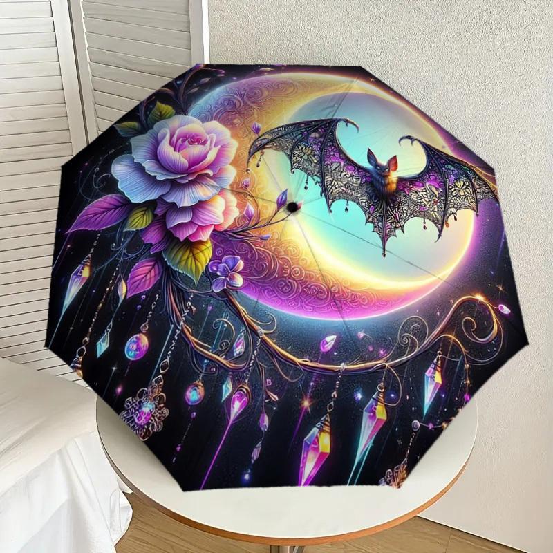 

1pc Fantasy Bat Crescent Moon Floral Umbrella with Plastic Handle,Suitable for All Seasons Home Travel Outdoor UmbrellaDD1720