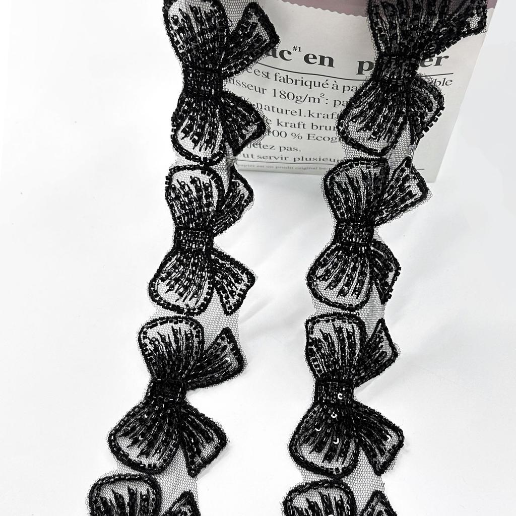 6Cm Black And White Mesh Bead Bow Barcode Clothing Accessories Exquisite Children'S Clothing Skirt Hair Accessories Lace Accessories