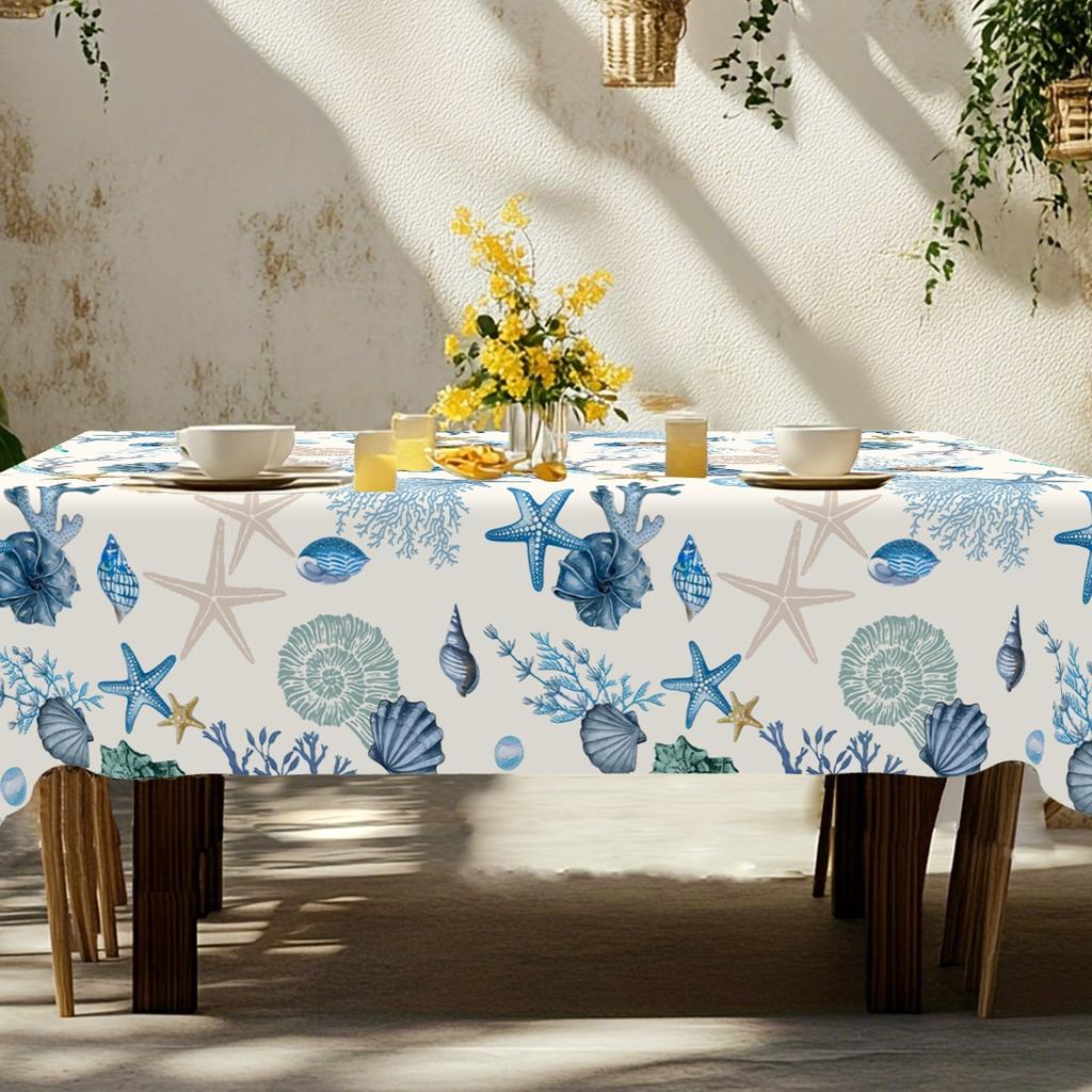 Marine Tablecloth Coral Starfish Design Polyester Table Cover for Ocean Theme Birthday Party Supplies Spring Holiday Table Decor