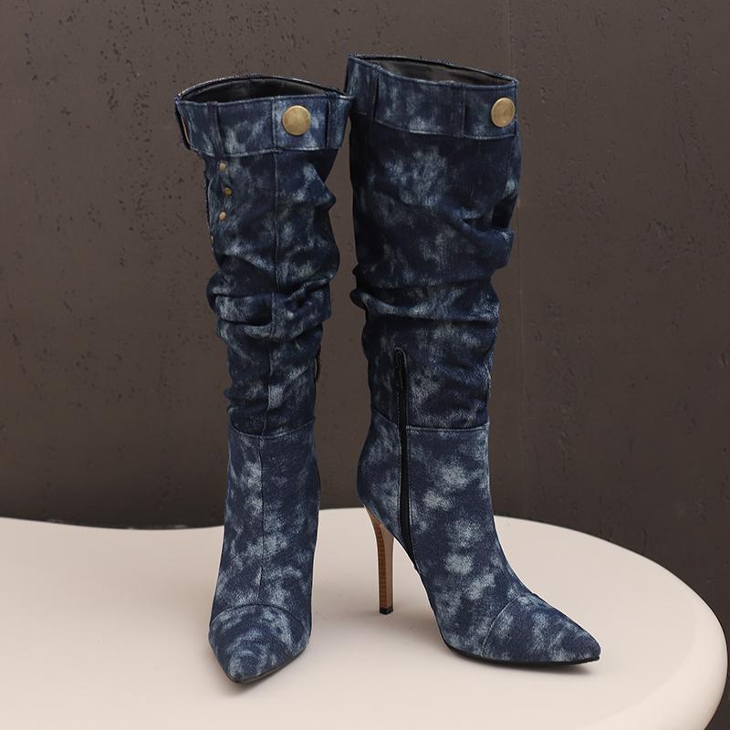 Женские сапоги на высоком каблуке сексуальные в европейском и американском стиле с острым носком на тонком каблуке большого размера ковбойские полусапоги 50 5528₽