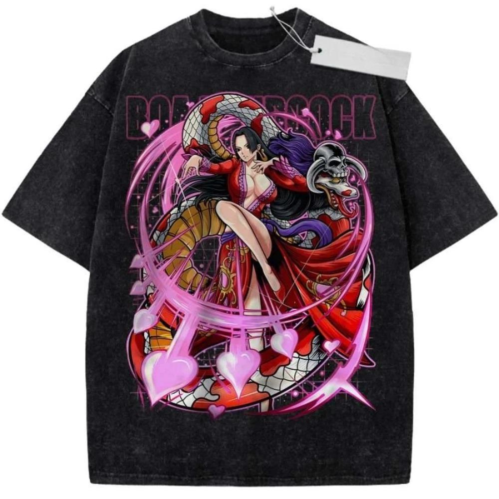 One Piece Boa Hancock Love Hurricane Vintage Washed Oversized Black T-Shirt | Shonen Anime Fan Unisex Streetwear Tee L