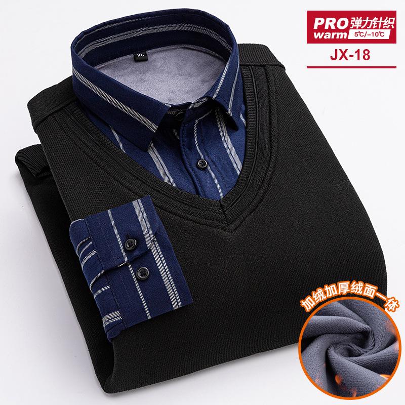 2026 nieuw heren fleece verdikt shirt herfst en winter hoge kwaliteit nep twee business casual warm slim fit mode zonder strijken