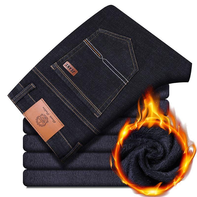 Premium Light Luxury Classic Fleece-Lined Denim Trousers for Men Autumn/Winter Stretch Business Casual Middle-Aged Warm Thick Straight-Leg Trousers