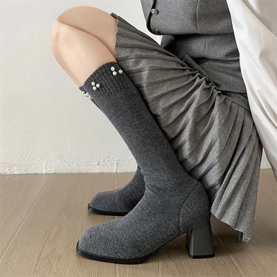 Mode High Heels Damen Oberschenkelhohe Stiefel Herbst Winter Perle Elastisches Gewebe Schmaler Socken Langer Stiefeletten