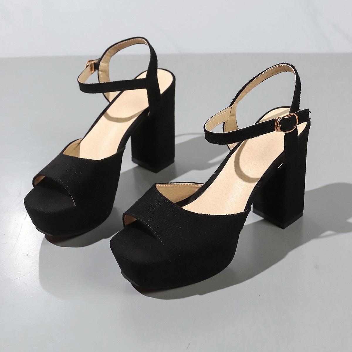 

Fashion 2024 Summer Black High Heel Sandals Woman Flock Platform Heeled Sandals for Women Ankle Strap Peep Toe Pumps Ladies Sandalias 35 чёрный