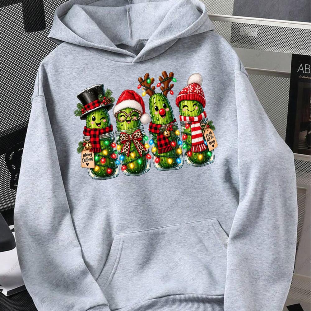 Christmas Pickle Family Funny Pickle Jar Xmas Graphic Hoodie Women Casual Long Sleeve Pullover Humorous Winter Clothes Women