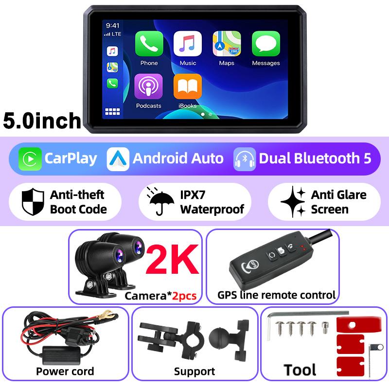 5" Motorcycle 2K DVR Wireless Carplay Android Auto Portable Screen GPS Navigation IPX7 Waterproof Monitor Dash Cam Bluetooth