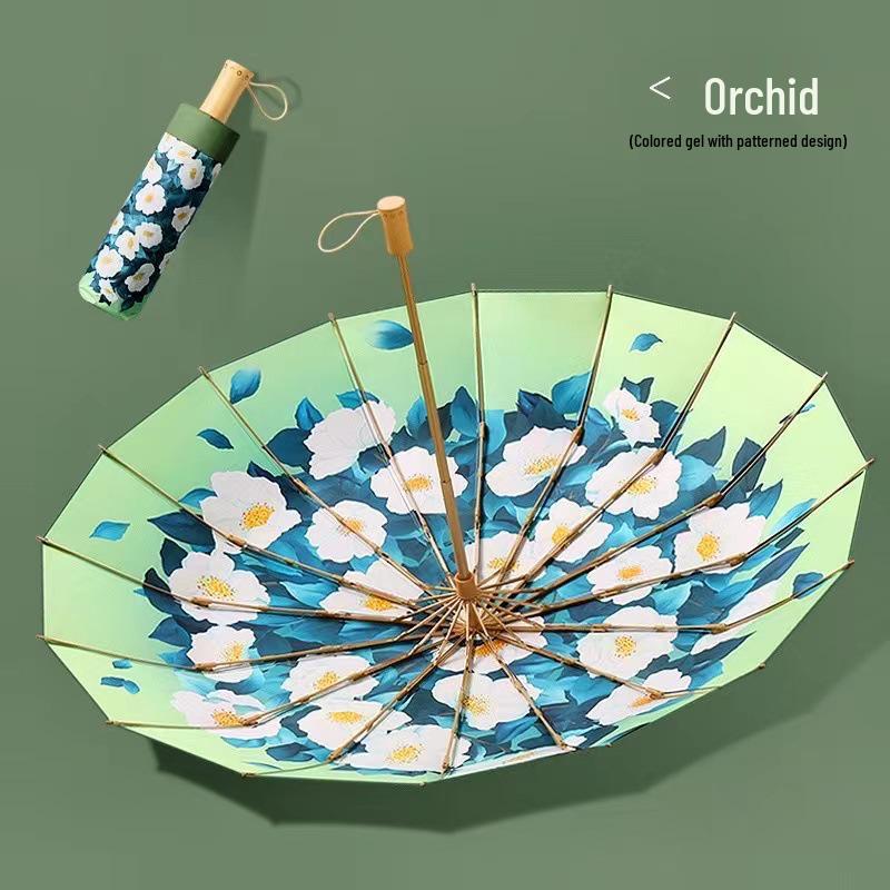 Compact 16-Rib Dual-Use Sunshade & Rain Umbrella, Hand-Open Folding, with Color Vinyl Digital Print and Sunscreen Protection.