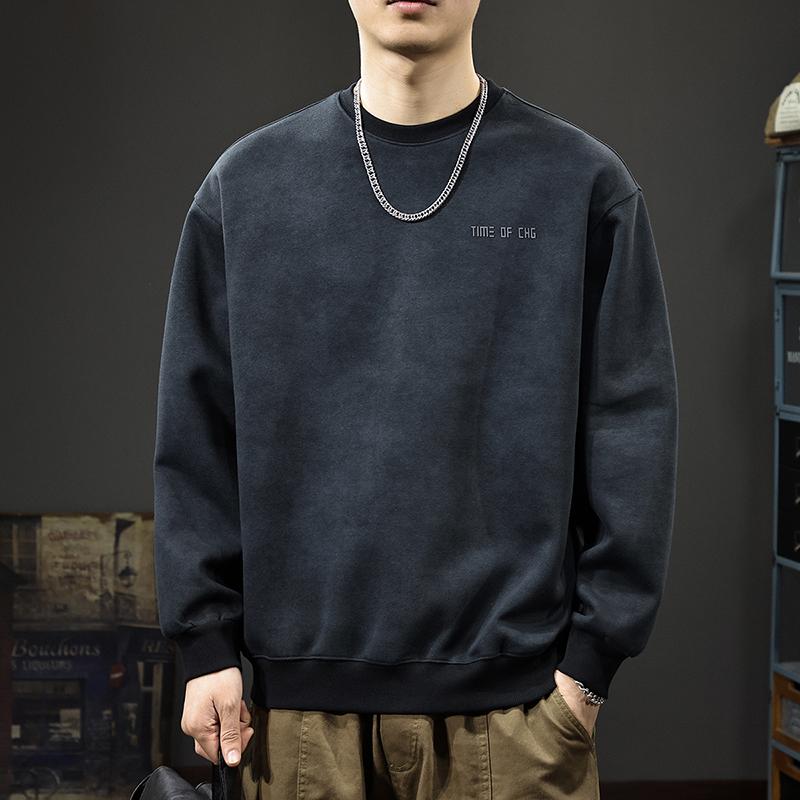 

Осенний простой трендовый стираный свитер, мужской свободный большой размер, круглый вырез, нижняя рубашка, американский тяжелый повседневный топ S чёрный