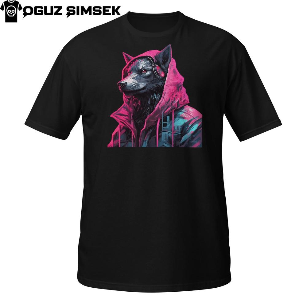 

Cyber Jackal Shirt – Pink Hoodie Streetwear Wolf with Headphones 2XL