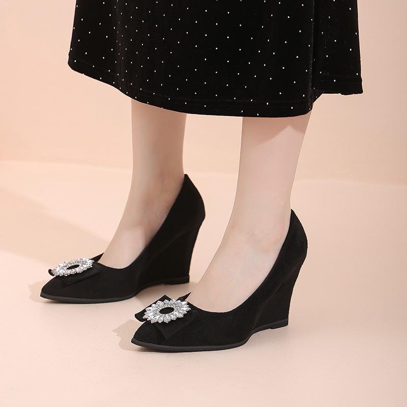 Wedge Single Fall New Pointed Toe Shallow Slip Rhinestone Square Buckle Slip Foot Anti-Slip Wear-Resistant High Heels
