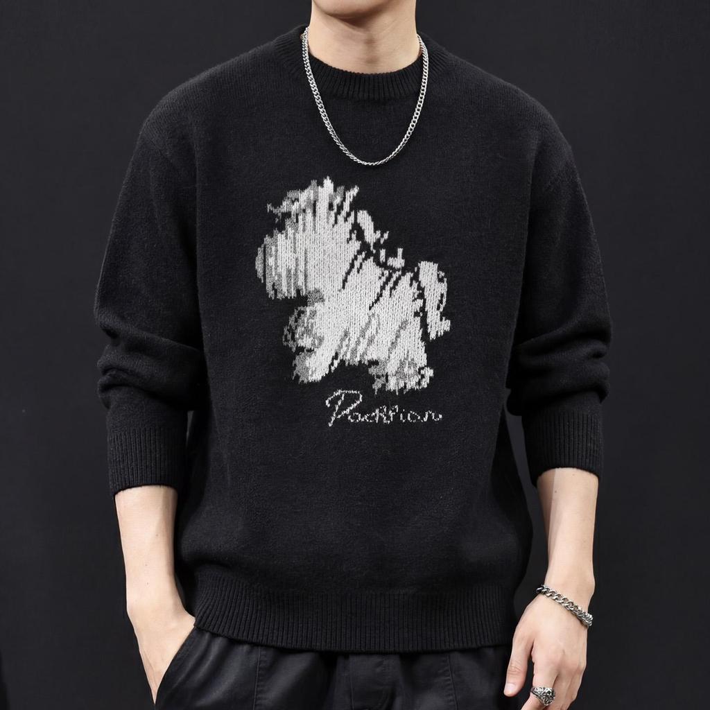 Men's Trendy Red Sweater - 2025 New Year Edition, Round Neck, Print Design, Lazy Style Knitwear, Plus Size Available