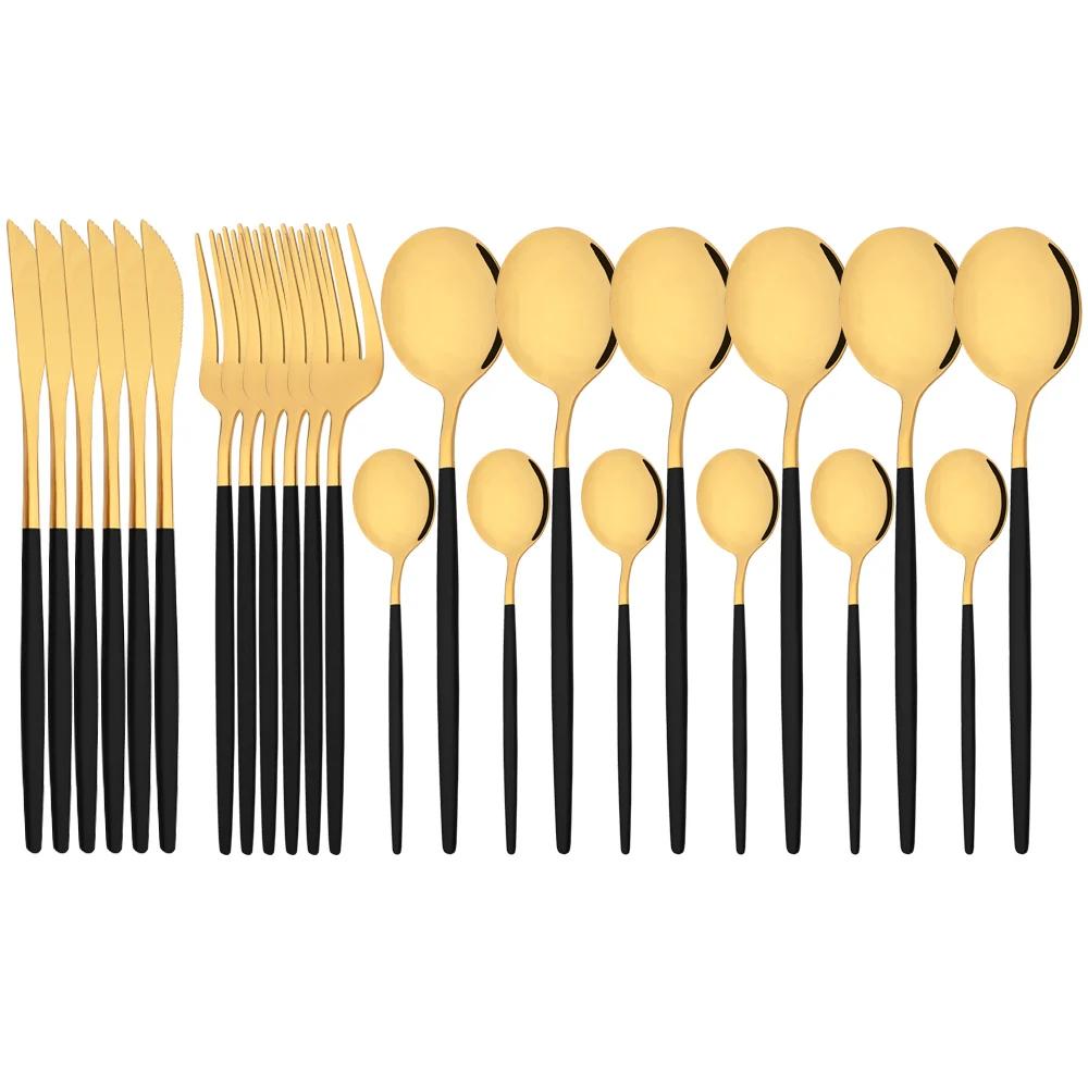 24Pcs Rose Gold Dinnerware Set Stainless Steel Steak Knife Fork Coffee Spoon Teaspoon Flatware Dishwasher Safe Kitchen Tableware