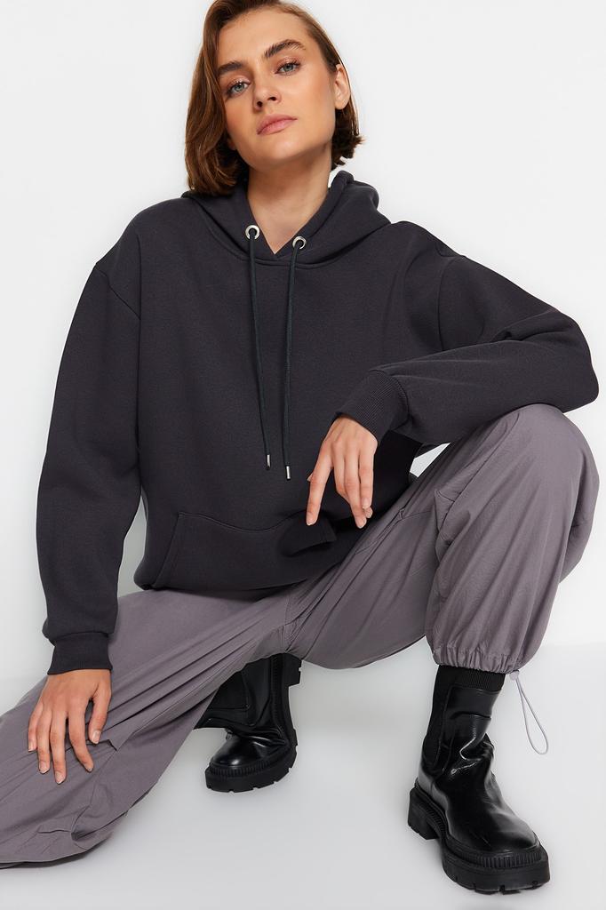 Women's Fashion New Sweatshirt Purple Thick Inside Fleece Kangaroo Pocket Hooded Boyfriend Wide Fit Knitted Sweatshirt