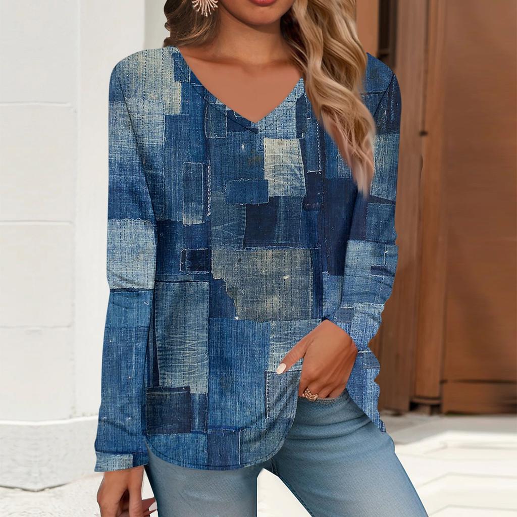 Mujer Camiseta Retro Estampado Manga Larga Diario Fin de semana Diario Básico Escote en Pico Regular Otoño Invierno Tops