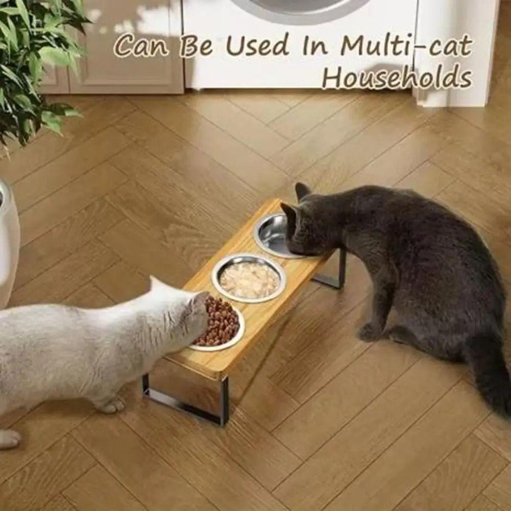 Anti-Leak Pet Feeder Non Slip Wood Dog Water Feeding Dish Cat Bowl Stand  Small to Medium Cats