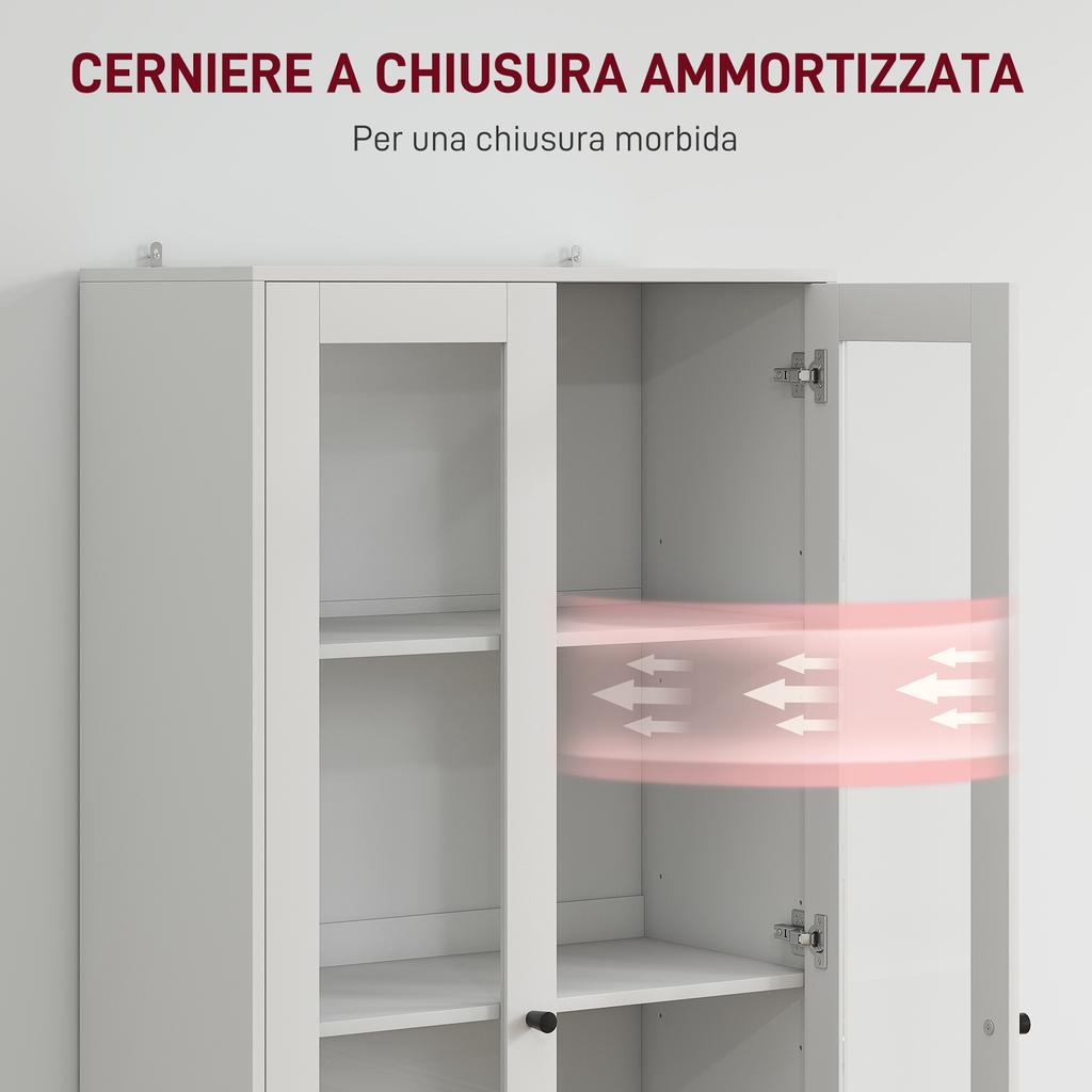 Credenza da cucina con armadietto e 2 cassetti, ante in vetro e ripiani regolabili, 59x30x164 cm, Bianco