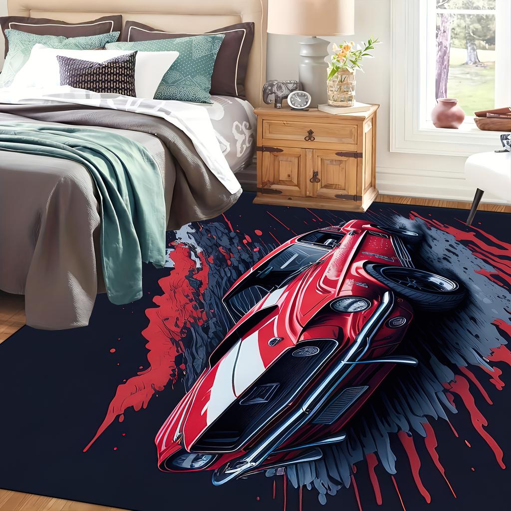 Oversized Red Car Design Area Rug - For Living Room, Bedroom, Office - Vintage Muscle Car Style Home Decor Mat